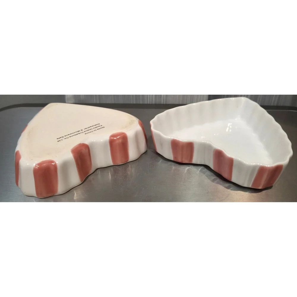 Pacific Island Creations Co Heart Ceramic Ramekin Set White Pink Striped Set/2 - Picture 6 of 9